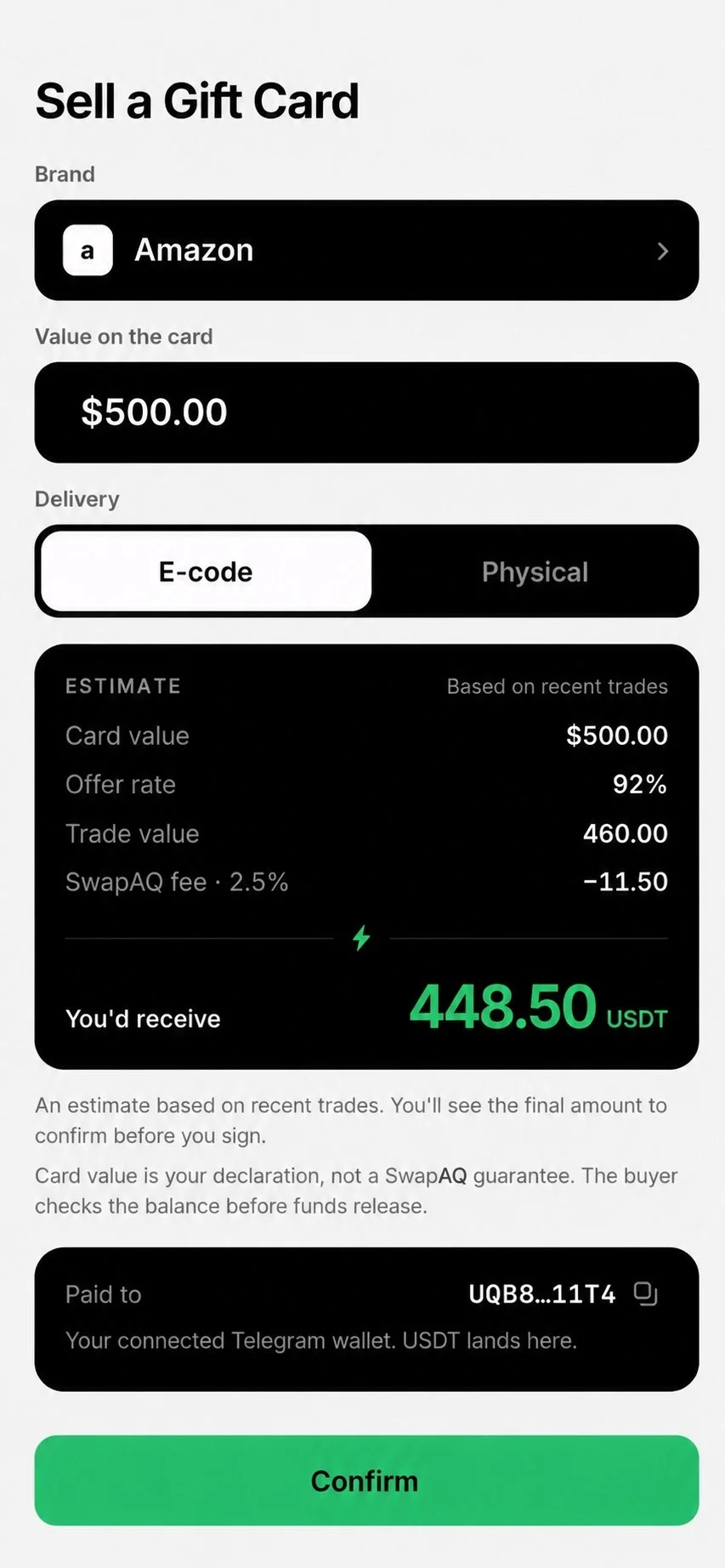 SwapAQ Sell a Gift Card screen showing an Amazon gift card payout estimate in USDT